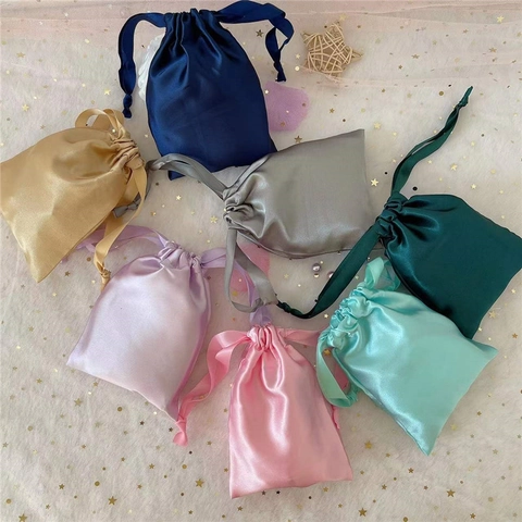 Satin Drawstring Bags Shiny Pouch Jewelry Gift Packaging Small Storage Organizer Smooth Fabric Multi Colors