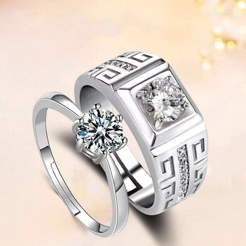 Couple Rings Plated White Gold Moissanite Zircon Solitaire Prong Setting Adjustable Band Meander Pattern Engagement Jewelry