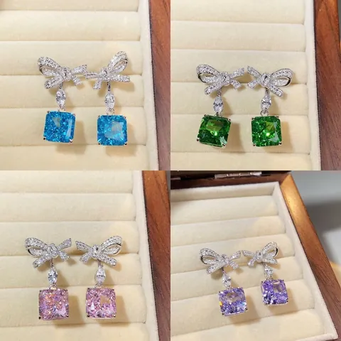 Orecchini Pendenti Con Fiocco E Perno In Argento Sterling 925 Zirconia Cubica Quadrata Gioielli Eleganti Da Donna