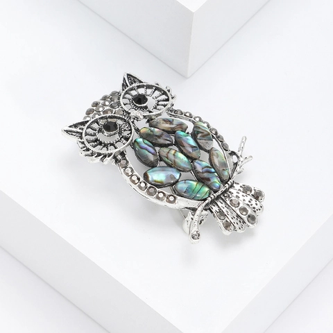 Broche de Búho Vintage para Mujer Aleación Con Incrustación de Concha de Abulón Tono Plateado Retro Broches de Forma de Animal