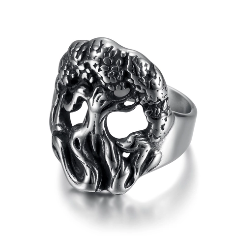 Bague Arbre De Vie Crâne Acier Inoxydable Vintage Gothique Rétro Anneau Métal Oxydé Bijoux Neutres