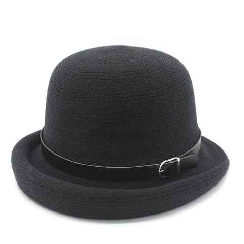 Chapeau Cloche Tricoté Vintage Pour Femmes Style Français Élégant Chaud Automne Hiver Bord Roulé Avec Boucle De Ceinture En Cuir
