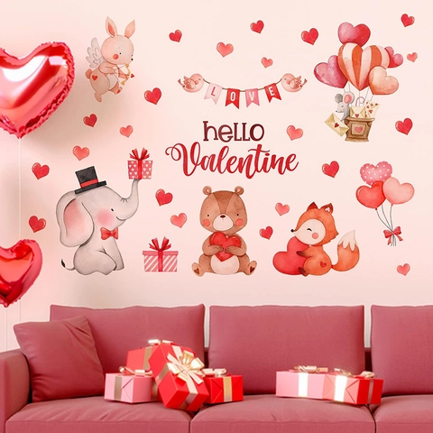 Autocollants Muraux Valentin PVC Auto-adhésifs Animaux Dessins Animés Cœurs Ballons Pour Chambre Salon Style Aquarelle