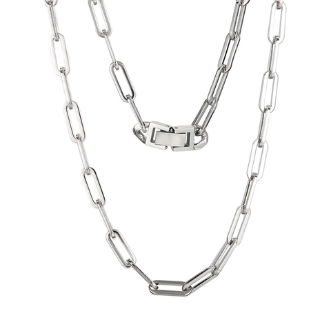 Men Stainless Steel Paperclip Chain Necklace Silver Color Minimalist Geometric Link Jewelry With Rectangular Buckle
