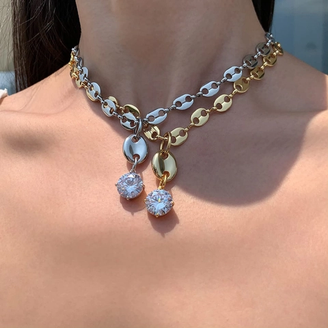 French Style Stainless Steel Pig Nose Chain Pendant Necklace And Round Zircon Coffee Bean Stud Earrings Adjustable Jewelry