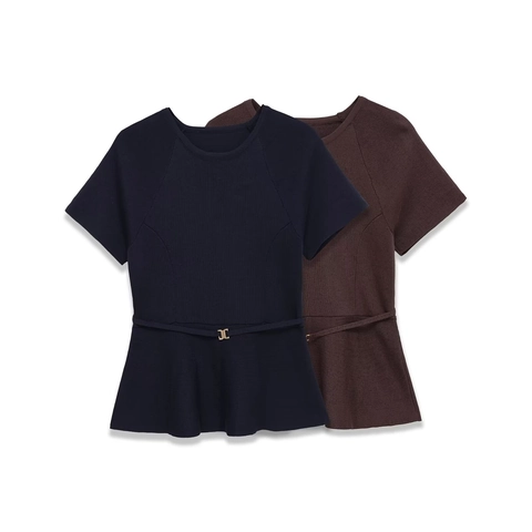 Women Knit Peplum Short Sleeve Top And Flared Pants With Belt Ribbed Solid Casual Elegant Outfit