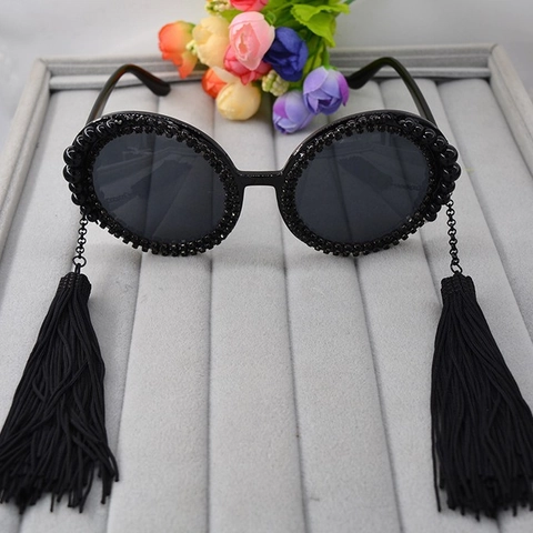 Round Frame Sunglasses Black Rhinestone Bead Decor Long Tassels UV400 Retro Gothic Style Women Fashion