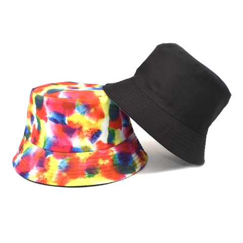 Bucket Hat Polyester Tie Dye Colorful Abstract Oil Painting Print Reversible Sun Protection Flat Top For Women Men