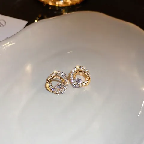 Geometric Double Ring Stud Earrings With Zircon Gold Plated Silver Earring Post Elegant Jewelry For Women