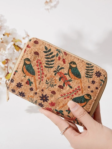Damen Reißverschluss Portemonnaie Aus Kork Große Kapazität Vintage Blumen Vogel Druck Kartenfächer Geldbörse