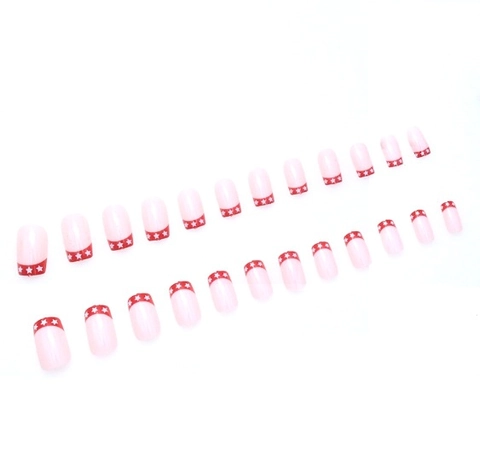 Press On Nails Short Square Artificial False Nails Red French Tip White Star Pattern Chic Manicure For Women