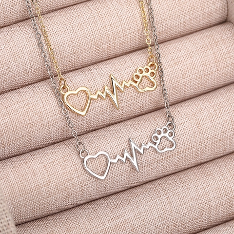 Heartbeat EKG Heart And Paw Print Pendant Necklace Copper Fashion Jewelry For Women Pet Lovers Memorial Gift