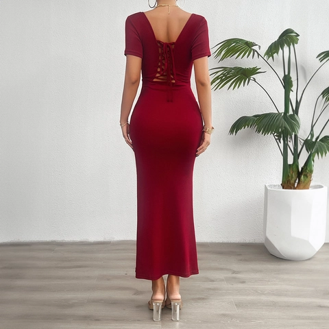 Women Square Neck Maxi Dress Short Sleeve Bodycon Knit Long Dress Cotton Blend Solid Color Back Lace Up Elegant Slim Fit