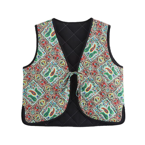 Γυναικείο Ethnic Paisley Print Καπιτονέ Γιλέκο Πολυεστέρας V-λαιμόκοψη Μπροστινό Δέσιμο Αμάνικο Γιλέκο Ethnic Στυλ