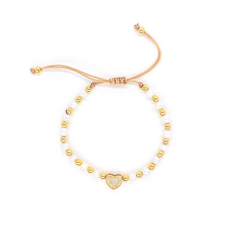 Bracelet Perle Eau Douce Cristal Empilable Perles Cuivre Plaqué Or Micro Pave Cœur Charme Cordon Réglable Bijoux