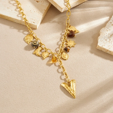 Collier Pendentif Cœur Vintage Plaqué Or Acier Inoxydable Multi Charme Soleil Feuille Gland Bijoux Mode Rétro Femmes