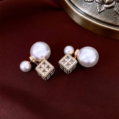 Orecchini Di Künstliche Perle Doppia Faccia Pendente Cubo Geometrico Zirconia Gioielli Chic Francesi Con Perno In Argento Sterling 925