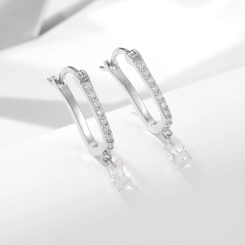 925 Sterling Silver U-Shape Rhinestone Hoop Earrings For Women Rectangular Pendant Gold Silver Fashion Commuter Jewelry