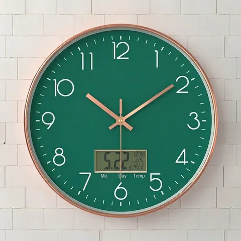 Orologio Da Parete Rotondo Moderno Con Calendario Digitale LCD Display Temperatura Movimento Quarzo Silenzioso