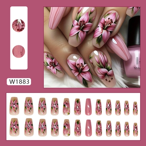 Künstliche Nägel Zum Aufdrücken Lange Sargform Rosa Lilie Blumenmuster ABS Kunststoff Falsche Nägel Für Frauen Maniküre Glänzend