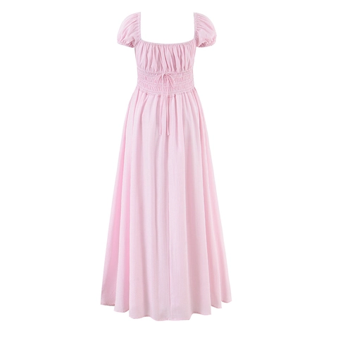 Gestreiftes Midikleid Mit Eckigem Ausschnitt Und Puffärmeln Gesmoktes A-Linien-Kleid Baumwollmischung Für Damen