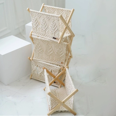 Macrame Magazine Rack Cotton Rope Woven Storage Basket Wooden Standing Holder Nordic Bohemian Style For Books Decor