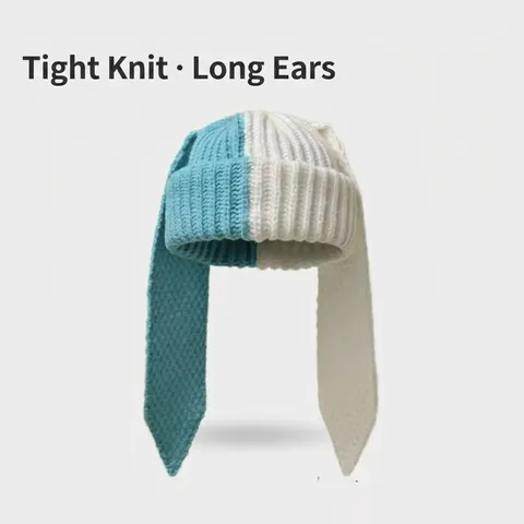 Rabbit Ear Knitted Beanie Hat Long Ears Color Block Contrast Acrylic Winter Warm Cute Fashion For Women