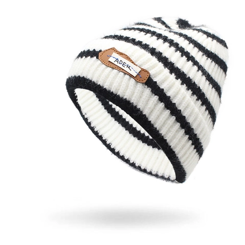 Gestreifte Strickmütze Beanie Warm Dicke Baumwolle Kaninchenhaar Mischung Koreanischer Stil Für Damen Herren Lederaufnäher