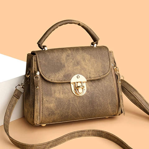 Women Retro Shoulder Bag PU Leather Multi Compartment Top Handle Gold Metal Lock Crossbody Daily Fashion Textured Handbag