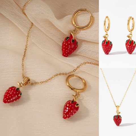 Roestvrijstalen Aardbei Sieraden Ketting En Oorbellen Emaille PVD Verguld Zoete Accessoires Voor Vrouwen Meisjes