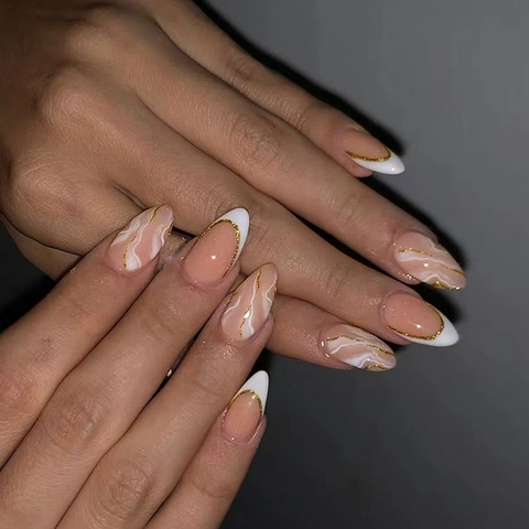 Ongles Press On En Plastique ABS Vague Française Marbre Amande Paillettes Dorées Brillantes Faux Ongles Artificiels Femmes