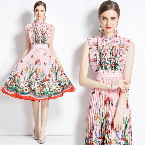 Abito Maxi Pieghettato Senza Maniche Elegante Vita Alta Collo Alto Chiffon Stampa Floreale Foresta