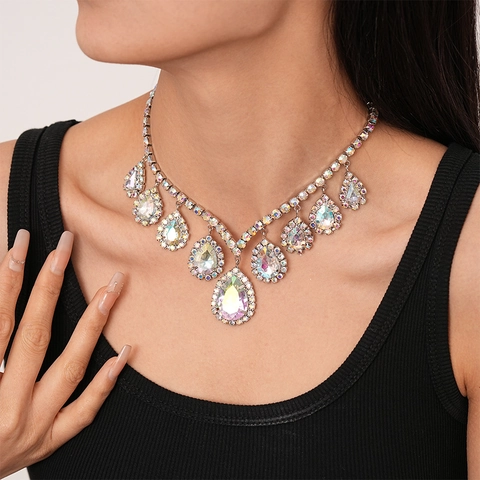 Tropfenanhänger Halskette Kupfer Strass AB Bunt Luxus Hochzeit Party Schmuck Für Damen Verstellbar