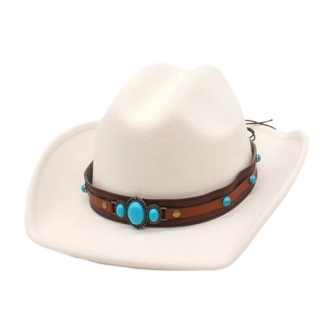 Western Cowboyhoed Vilt Brede Rand Vintage Etnisch Imitatie Turquoise Leren Riem Decoratieve Outdoor Unisex