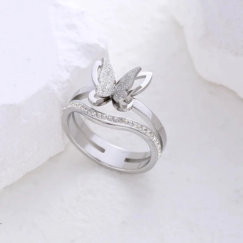 Anillo De Mariposa De Doble Capa Acero Inoxidable Acabado Mate Con Circunita Brillante Para Mujer Joyería Elegante