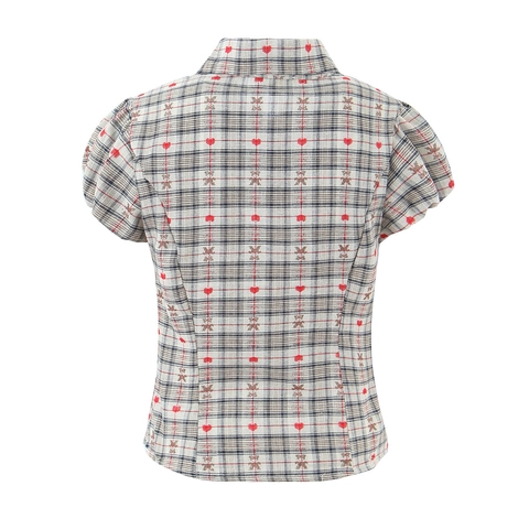Chemisier À Manches Courtes À Carreaux Pour Femmes Polyester Rétro Chemise À Manches Bouffantes Avec Imprimé Cœur Et Ours