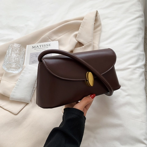 Vintage Underarm Bag Women PU Leather Small Square Shoulder Bag With Gold Oval Metal Buckle Elegant Fashion Handbag