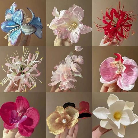 Flower Hair Clips With Acrylic Fabric Petals And Imitation Artificial Pearls Retro Chinese Style Floral Duckbill Clip Hairpin Women