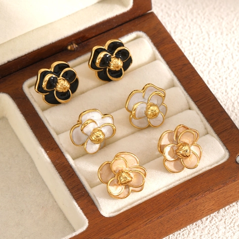 Camellia Flower Stud Earrings Stainless Steel Enamel Oil Drop Vintage French Style Elegant Fashion Women