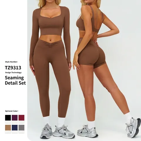 Soutien Gorge Sport Leggings Yoga Femme Taille Haute Froncé Croisé Crop Top Manches Longues Polyamide Spandex Fitness 9313