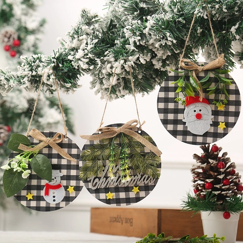 Christmas Wooden Plaid Round Door Sign Santa Snowman Reindeer Pattern Wall Hanging Ornament For Home Party Decor Merry Christmas Plaque