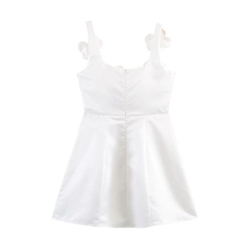 Vestito Mini In Raso Con Fiori 3D E Strass Spalline Sottili Schiena Scoperta Party Clubwear Elegante Per Donna Bianco