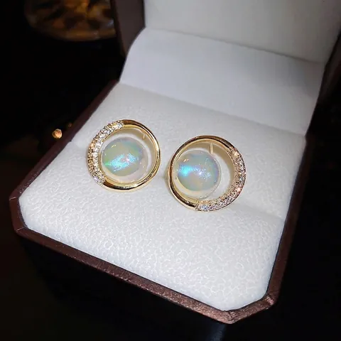 Pendientes De Aro Redondos Con Perla Artificial Sintética De Sirena Y Circonita Bañados En Oro Con Poste De Plata De Ley 925
