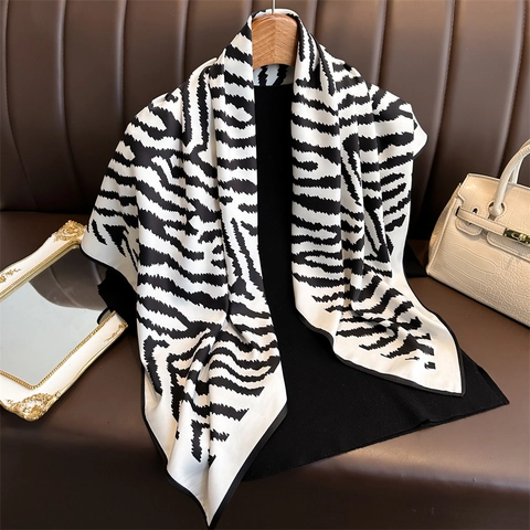 Zebra Print Square Scarf Polyester Twill Satin Feel Shawl Fashion Headscarf For Women Elegant Lightweight Accessory