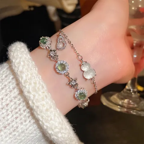 Elegante Bracciale In Rame Con Intarsio Di Zirconi Pietra Occhio Di Gatto Verde Bianca Ciondolo Fiore Stella Per Donna