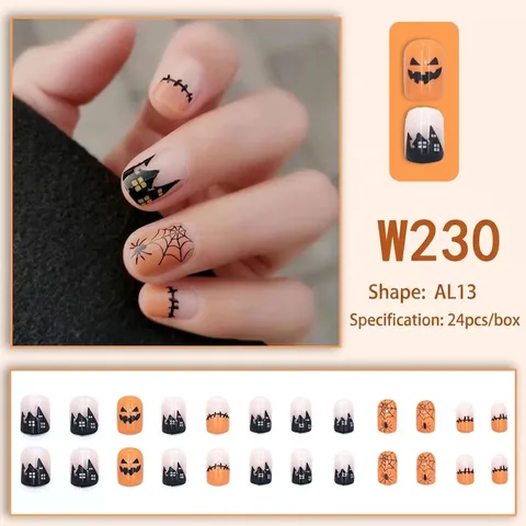 Halloween Press On Nails Glossy Pumpkin Spider Web Short Square Removable False Fingernails Holiday Party Women Girls