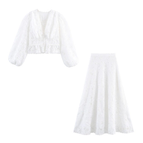Dames Kant Top En Rok Outfit V-Hals Lange Lantaarnmouwen Blouse Opengewerkte Bloemen A-Lijn Lange Rok Wit