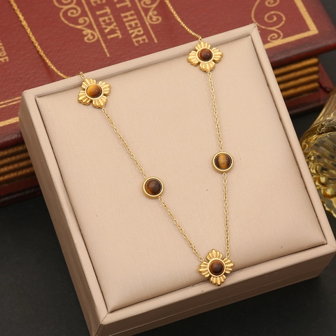 Collana E Bracciale In Acciaio Inossidabile Placcato Oro Con Pietra Occhio Di Tigre Fiore Geometrico Stile Maillard Retro Donna