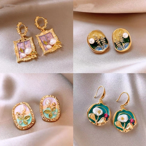 Französische Vintage Blumen Künstliche Perlenohrringe Mit Emaille Designs Und 925 Sterling Silber Ohrstecker Für Damen Schmuck