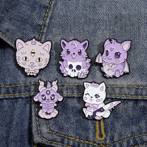 Cartoon Enamel Pin Brooch Purple Cat Skull Bat Goat Shape Alloy Metal Badge For Backpack Clothes Gothic Pastel Goth Jewelry